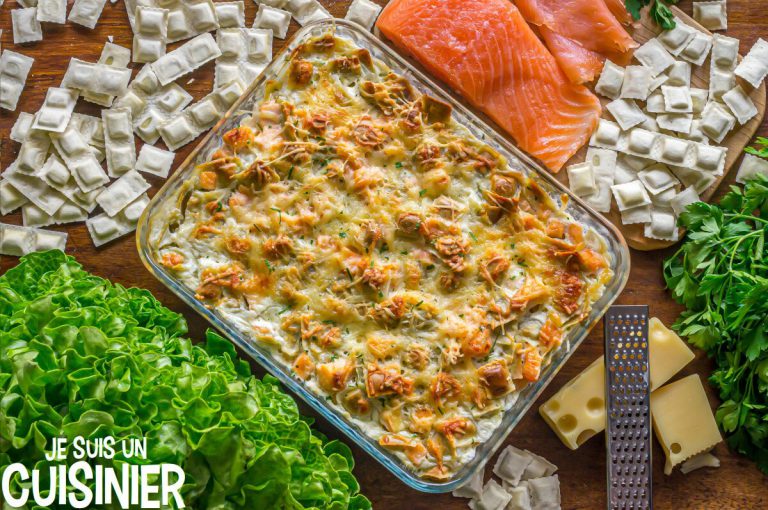 Recette de gratin de ravioles aux deux saumons. Toujours une réussite