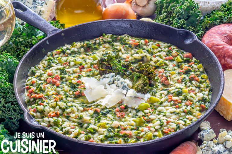 Recette de risotto aux saucisses, chou kale et fromage bleu